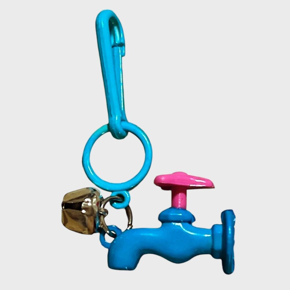 Vintage 80s Bell Charm Clip-On Spigot Faucet Blue Pink Plastic Toy Prize Jewelry